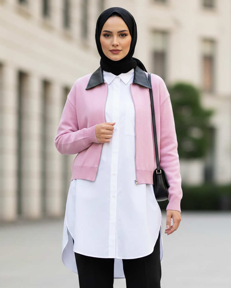 Knit Jacket with Faux Leather Collar