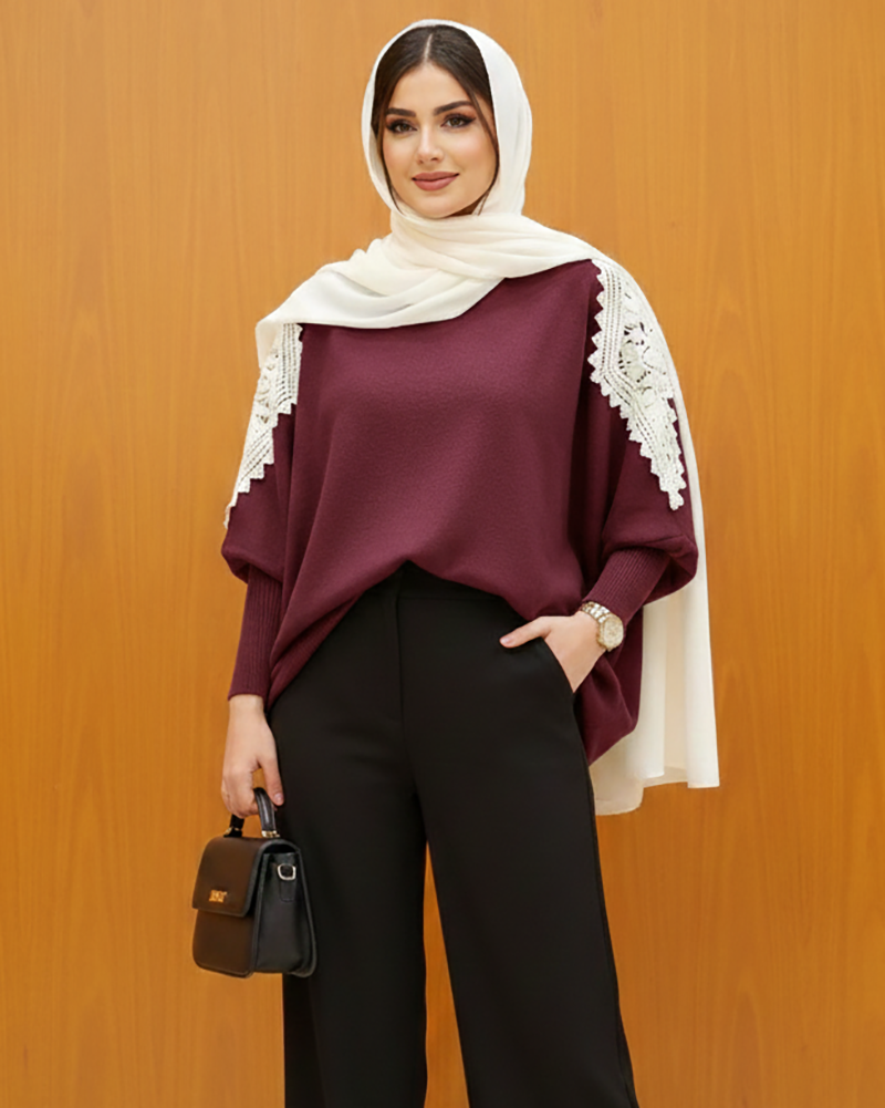 Knit Sweater with Lace Shoulder Detail