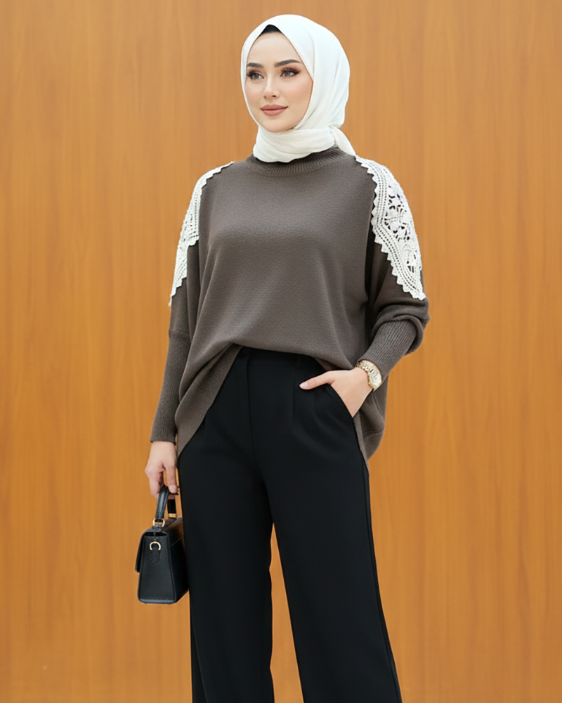 Knit Sweater with Lace Shoulder Detail