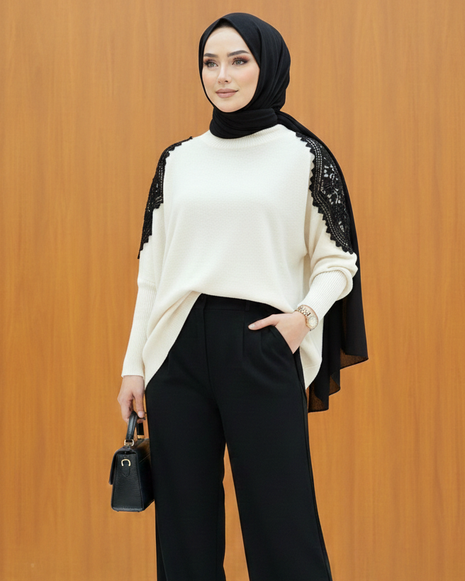 Knit Sweater with Lace Shoulder Detail