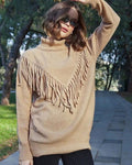 Fringed Knit Turtleneck Sweater