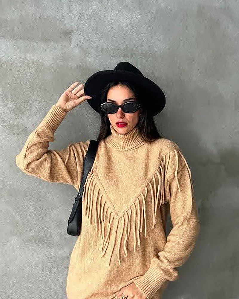 Fringed Knit Turtleneck Sweater