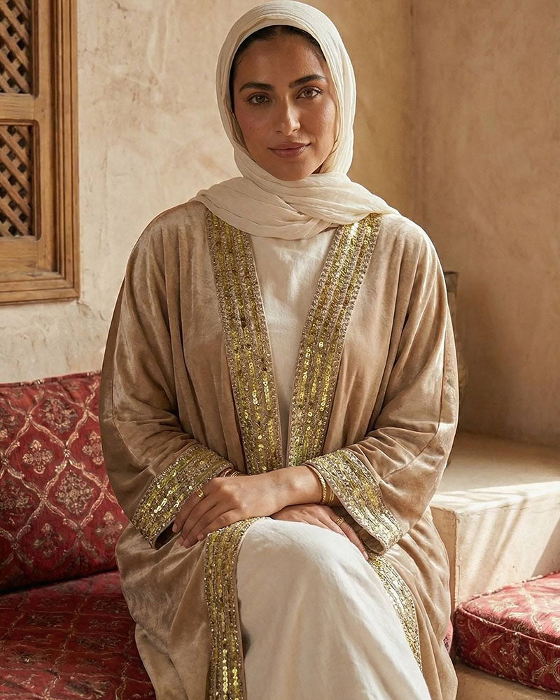 Imperial Metallic Velvet Kaftan Beige