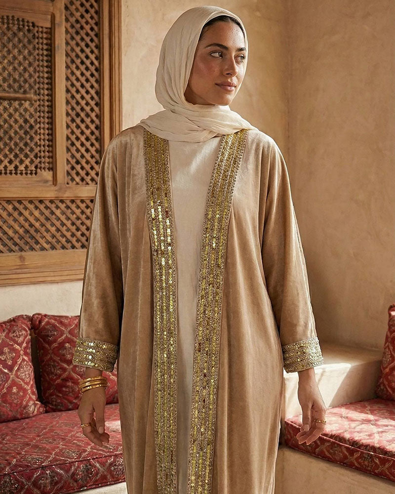Imperial Metallic Velvet Kaftan Beige